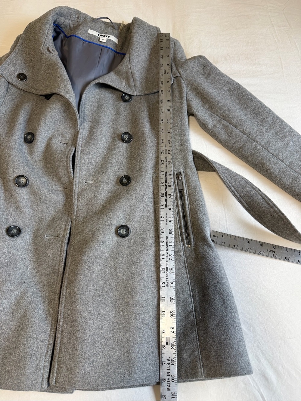 DKNY Grey Wool Blend Double Breasted Belted Coat Size 4 - Picture 11 of 12